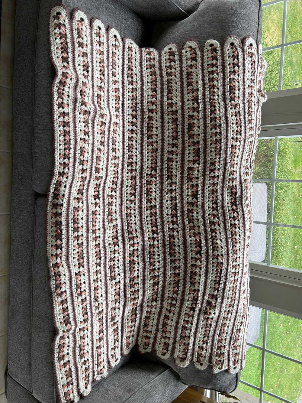Handmade Crochet Mile-A-Minute Throw Blanket in Taupe, Cream and Blush